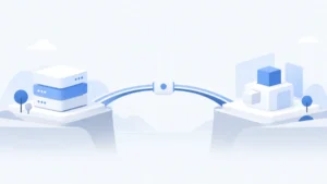 2つのシステムが橋でつながれ、橋の中央に規格化された接続部品が置かれたイラスト