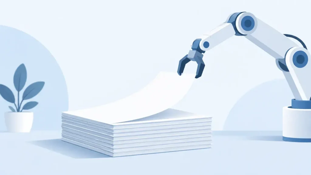 同じ書類が積み重なった束から、機械のアームが一枚だけを持ち上げている