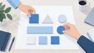 机の上の大きな紙に、両手が四角や丸の図形ブロックを並べて整理している